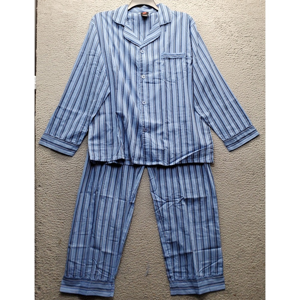 Hanes 2 Piece Pajama Set Mens Large Multi Striped Long Sleeve Notch Button Front
